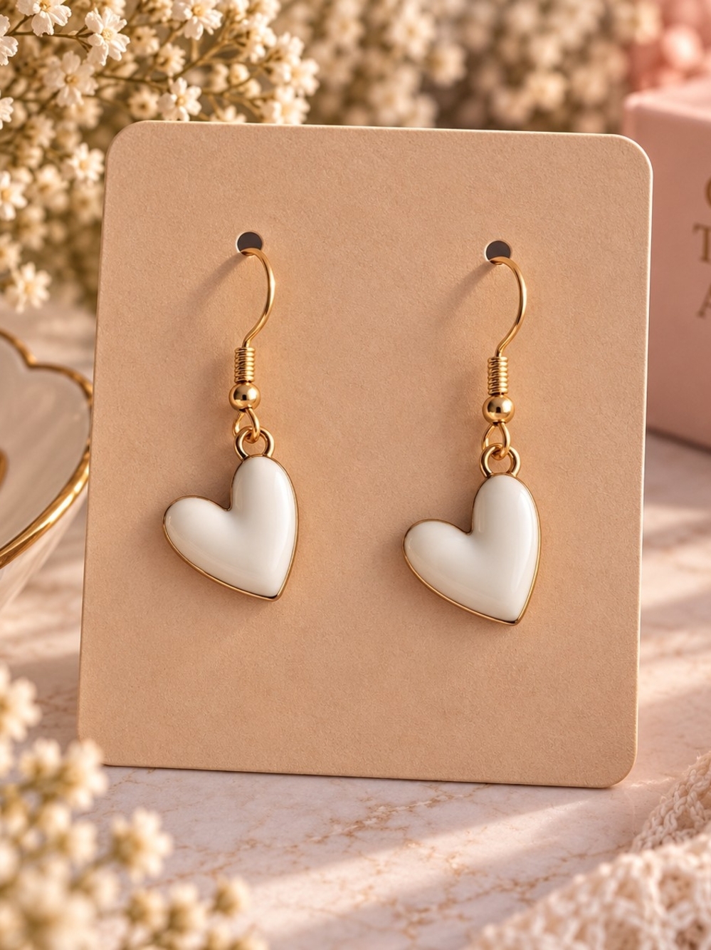 Gold Heart Drop Earrings with White Enamel